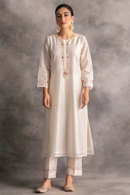 White floral embroidered chanderi silk stitched straight kurta set with pant 1