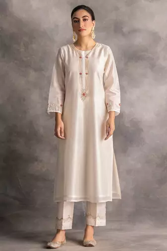 White floral embroidered chanderi silk stitched straight kurta set with pant