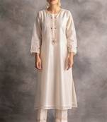 White floral embroidered chanderi silk stitched straight kurta set with pant
