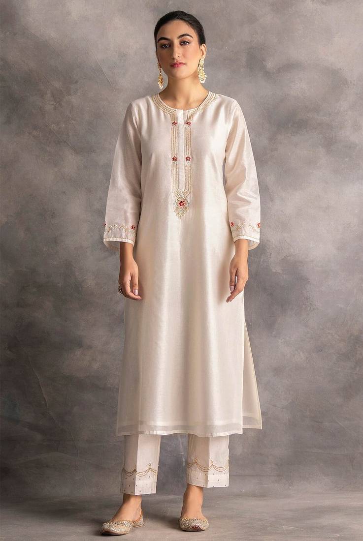 White floral embroidered chanderi silk stitched straight kurta set with pant