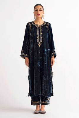 Navy-blue zari & sequins embroidered velvet stitched straight kurta set with pant 1