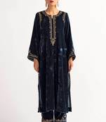 Navy-blue zari & sequins embroidered velvet stitched straight kurta set with pant