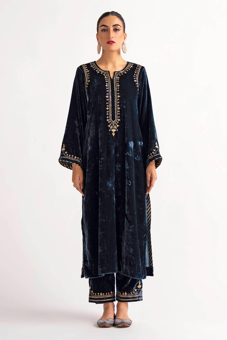 Navy-blue zari & sequins embroidered velvet stitched straight kurta set with pant