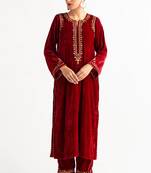 Red zari & sequins embroidered velvet stitched straight kurta set with pant