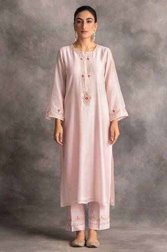 Light-pink floral embroidered chanderi silk stitched straight kurta set with pant