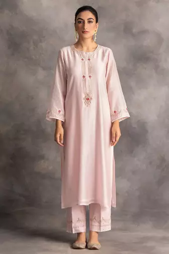 Light-pink floral embroidered chanderi silk stitched straight kurta set with pant