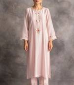 Light-pink floral embroidered chanderi silk stitched straight kurta set with pant
