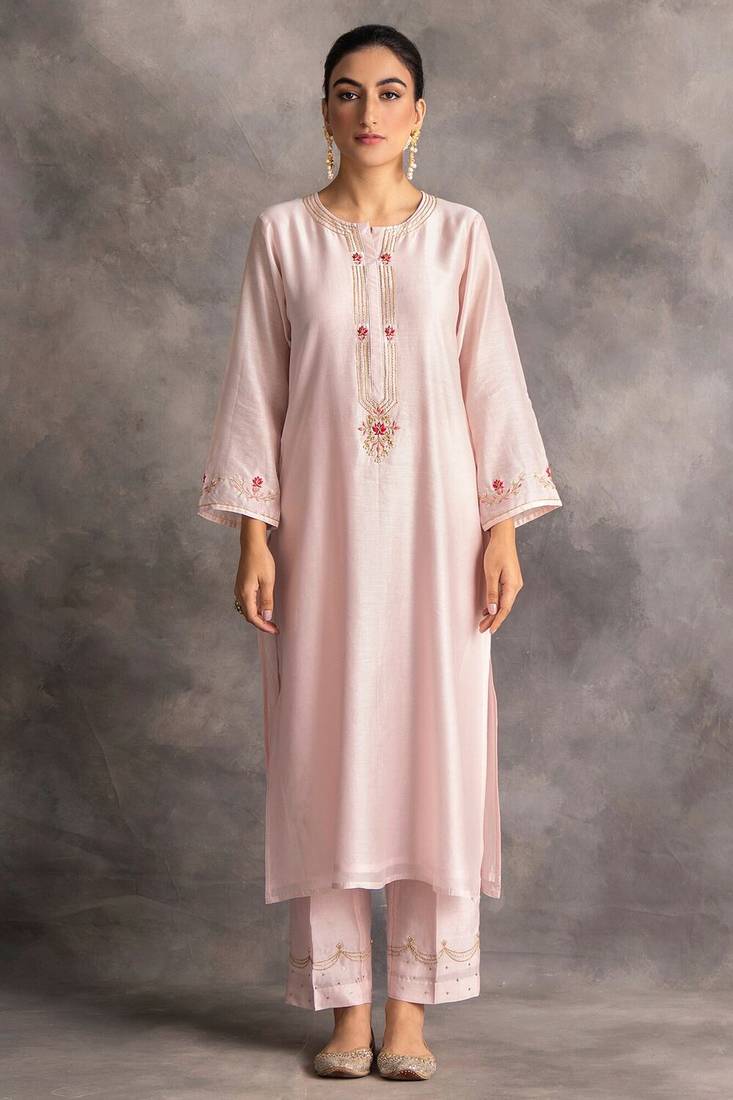 Light-pink floral embroidered chanderi silk stitched straight kurta set with pant