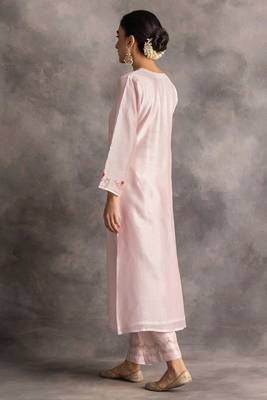 Light-pink floral embroidered chanderi silk stitched straight kurta set with pant 2