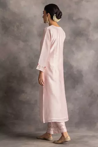 Light-pink floral embroidered chanderi silk stitched straight kurta set with pant