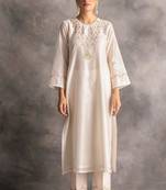 White floral embroidered chanderi silk stitched straight kurta set with pant