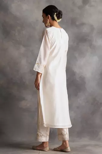 White floral embroidered chanderi silk stitched straight kurta set with pant