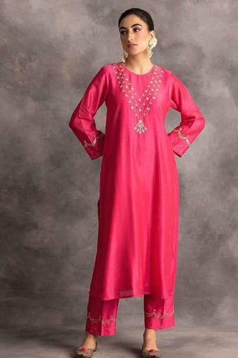 Pink floral embroidered chanderi silk stitched straight kurta set with pant