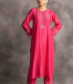 Pink floral embroidered chanderi silk stitched straight kurta set with pant
