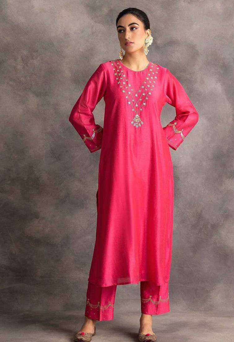 Pink floral embroidered chanderi silk stitched straight kurta set with pant