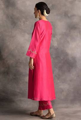 Pink floral embroidered chanderi silk stitched straight kurta set with pant 2