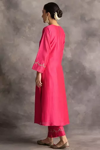 Pink floral embroidered chanderi silk stitched straight kurta set with pant