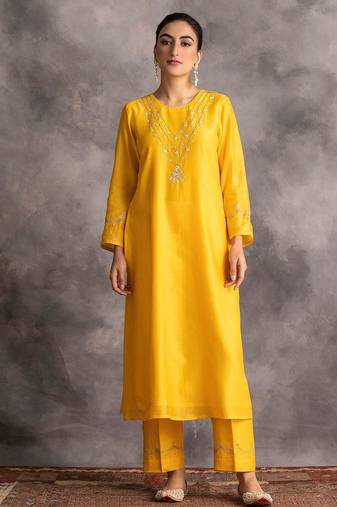 Yellow floral embroidered chanderi silk stitched straight kurta set with pant