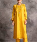 Yellow floral embroidered chanderi silk stitched straight kurta set with pant