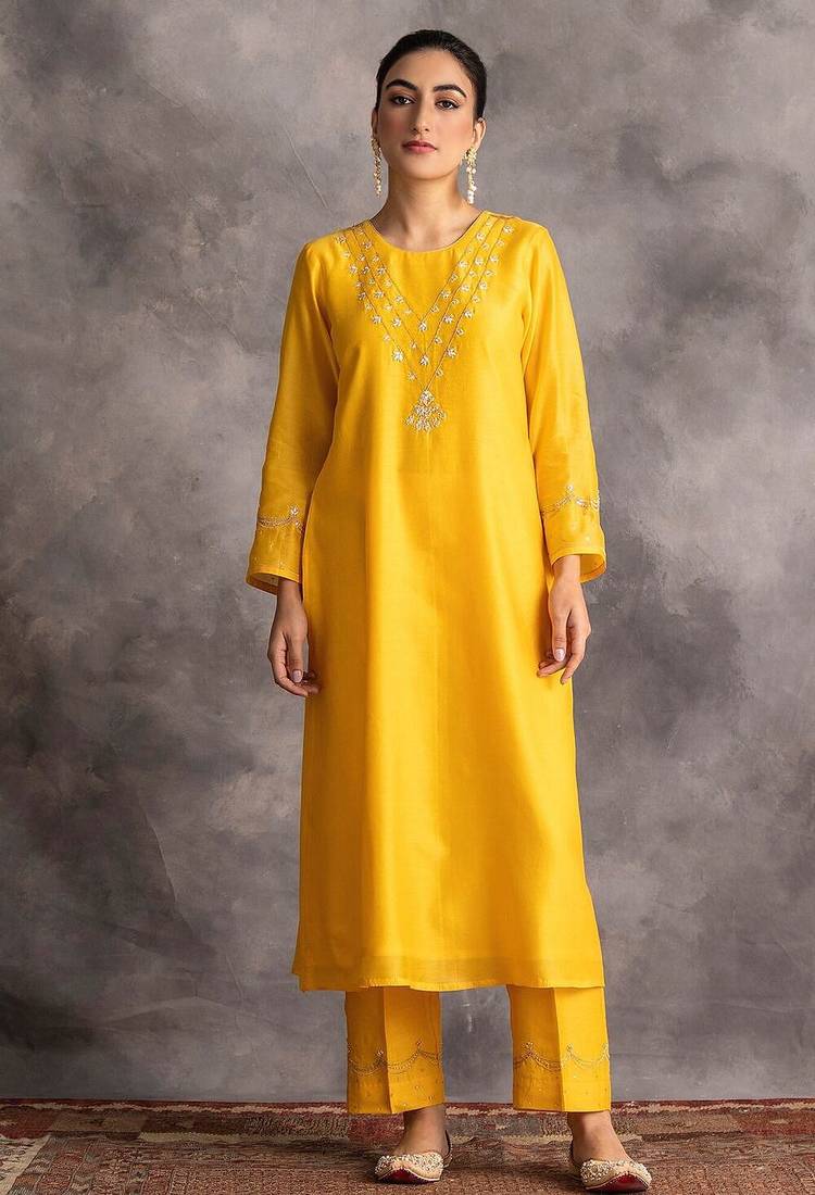 Yellow floral embroidered chanderi silk stitched straight kurta set with pant