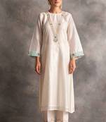 White floral embroidered chanderi silk stitched straight kurta set with pant