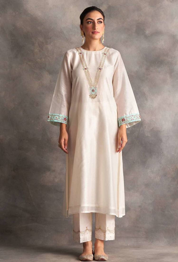 White floral embroidered chanderi silk stitched straight kurta set with pant