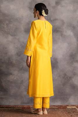 Yellow floral embroidered chanderi silk stitched straight kurta set with pant 2