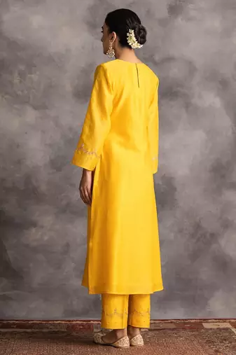 Yellow floral embroidered chanderi silk stitched straight kurta set with pant