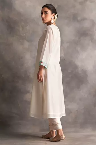 White floral embroidered chanderi silk stitched straight kurta set with pant