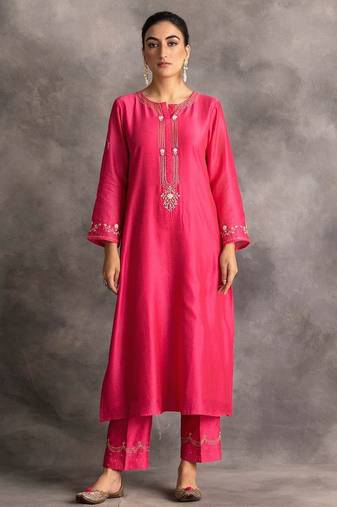Pink floral embroidered chanderi silk stitched straight kurta set with pant