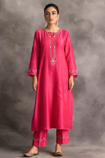 Pink floral embroidered chanderi silk stitched straight kurta set with pant