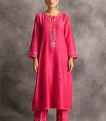 Pink floral embroidered chanderi silk stitched straight kurta set with pant
