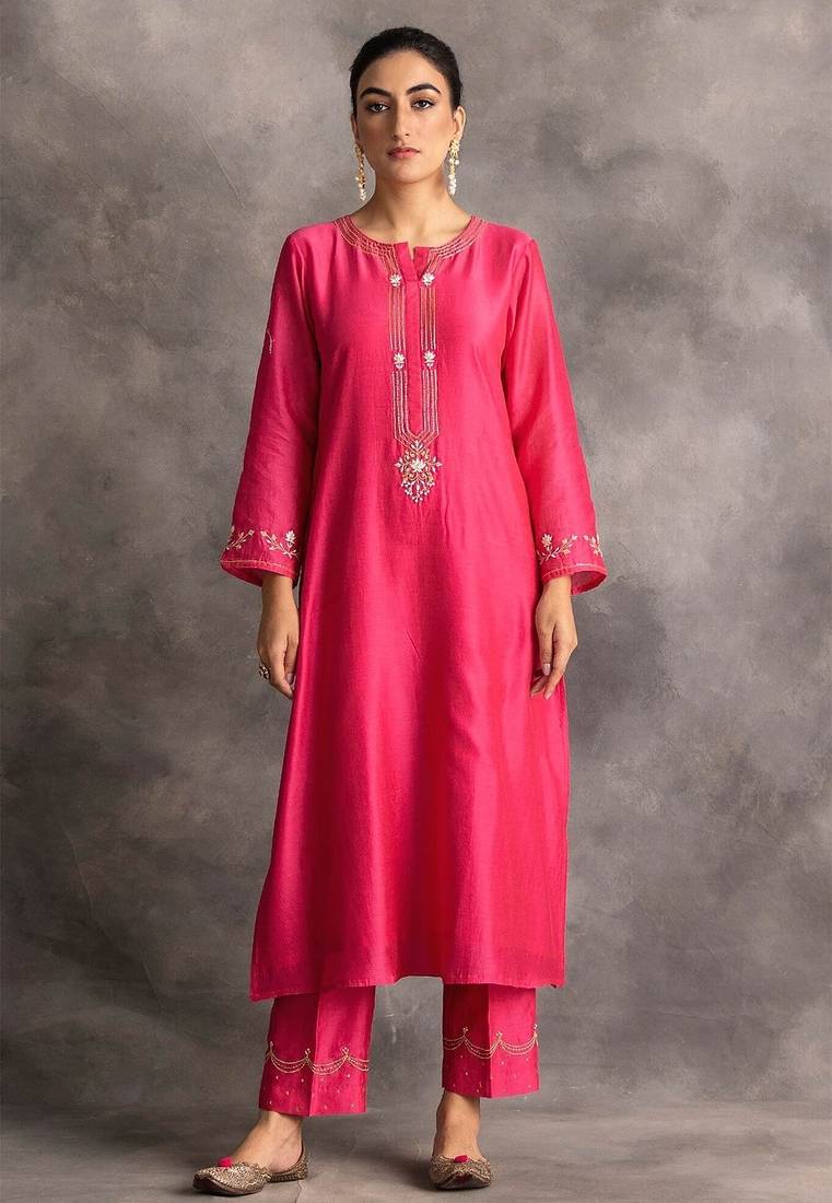 Pink floral embroidered chanderi silk stitched straight kurta set with pant