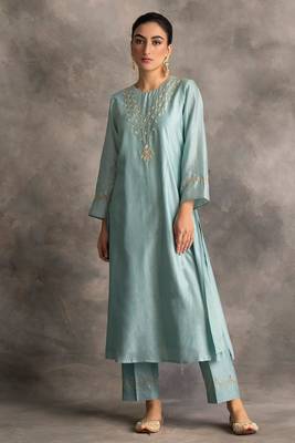 Light-blue floral embroidered chanderi silk stitched straight kurta set with pant 1