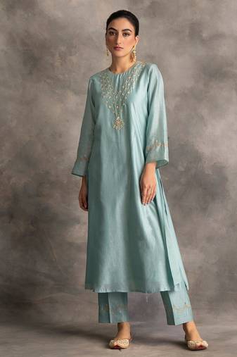 Light-blue floral embroidered chanderi silk stitched straight kurta set with pant