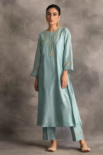 Light-blue floral embroidered chanderi silk stitched straight kurta set with pant