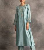 Light-blue floral embroidered chanderi silk stitched straight kurta set with pant