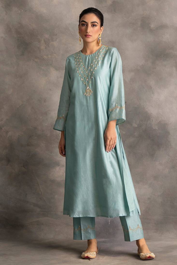 Light-blue floral embroidered chanderi silk stitched straight kurta set with pant