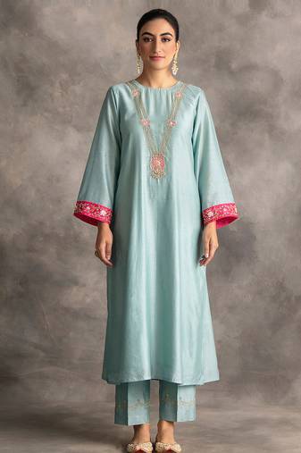 Light-blue floral embroidered chanderi silk stitched straight kurta set with pant