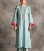 Light-blue floral embroidered chanderi silk stitched straight kurta set with pant