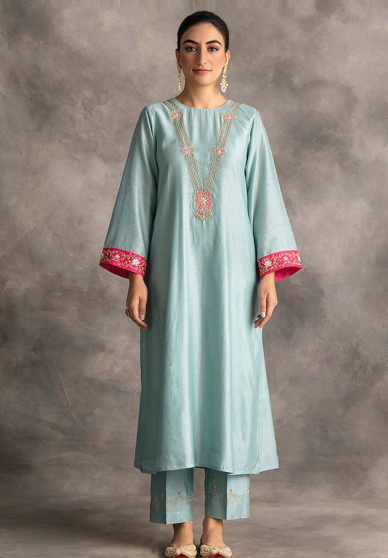 Light-blue floral embroidered chanderi silk stitched straight kurta set with pant