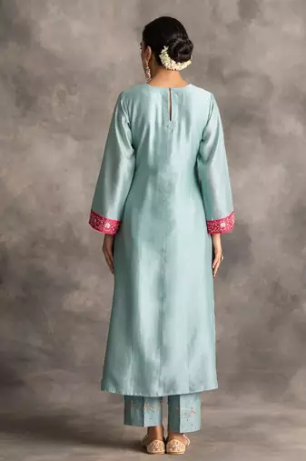 Light-blue floral embroidered chanderi silk stitched straight kurta set with pant