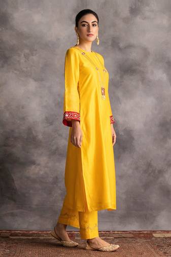 Yellow floral embroidered chanderi silk stitched straight kurta set with pant
