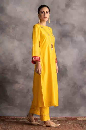Yellow floral embroidered chanderi silk stitched straight kurta set with pant