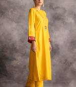 Yellow floral embroidered chanderi silk stitched straight kurta set with pant