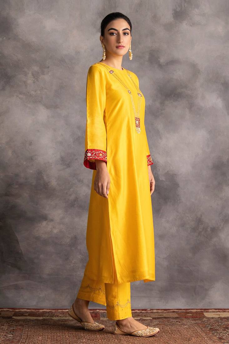 Yellow floral embroidered chanderi silk stitched straight kurta set with pant