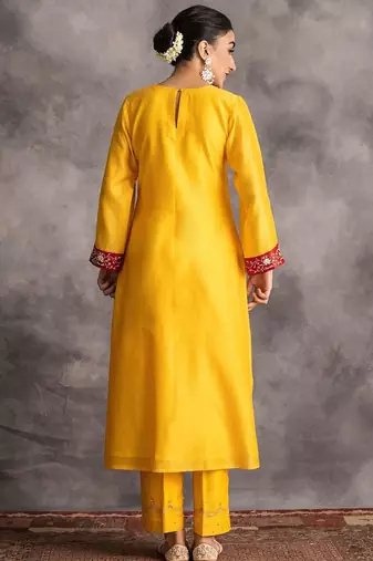 Yellow floral embroidered chanderi silk stitched straight kurta set with pant