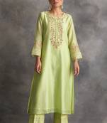Green floral embroidered chanderi silk stitched straight kurta set with pant