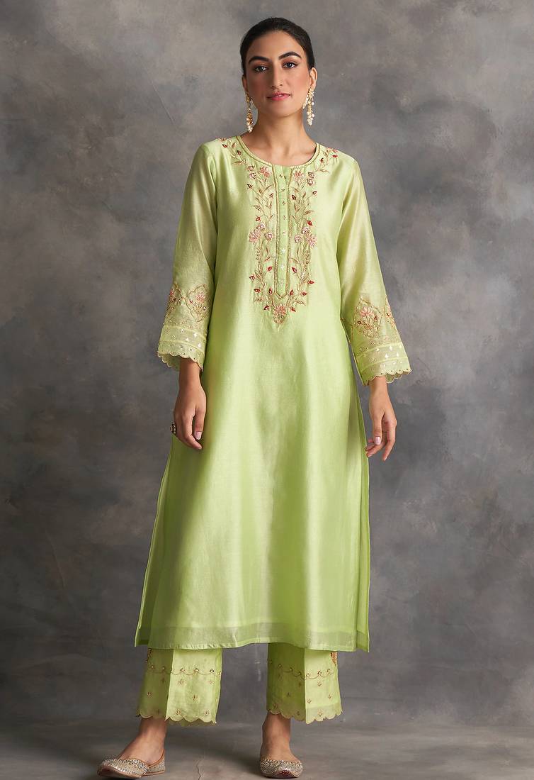 Green floral embroidered chanderi silk stitched straight kurta set with pant