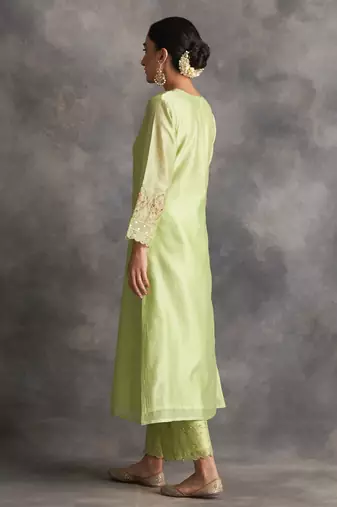 Green floral embroidered chanderi silk stitched straight kurta set with pant